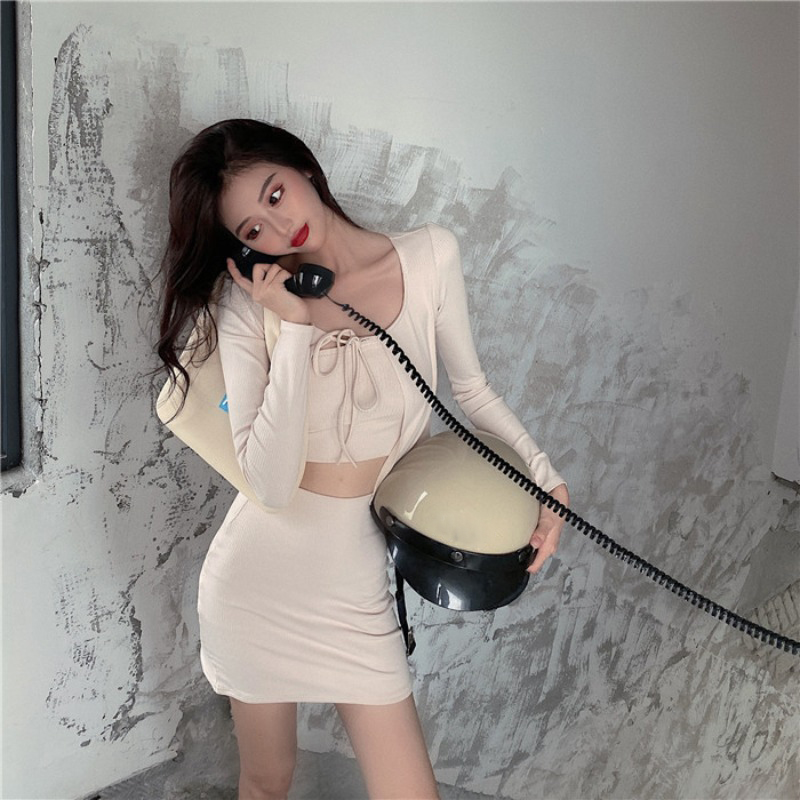 DUNEA Set trang phục áo ống áo khoác và chân váy dệt kim thời trang quyến rũ dành cho nữ