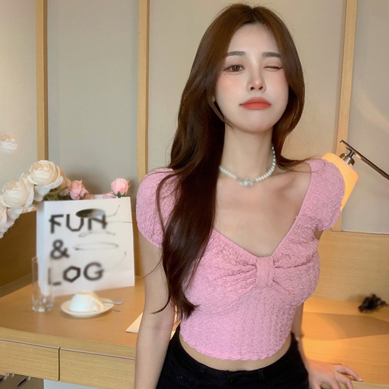 Áo Thun Croptop Tay Ngắn Cổ Chữ V Màu Sắc Trơn Đính Nơ Phong Cách Hàn Quốc Dành Cho Nữ