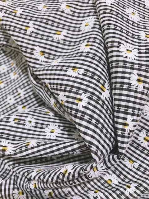 vải caro hoa cúc ánh nhũ may váy áo không cần lót