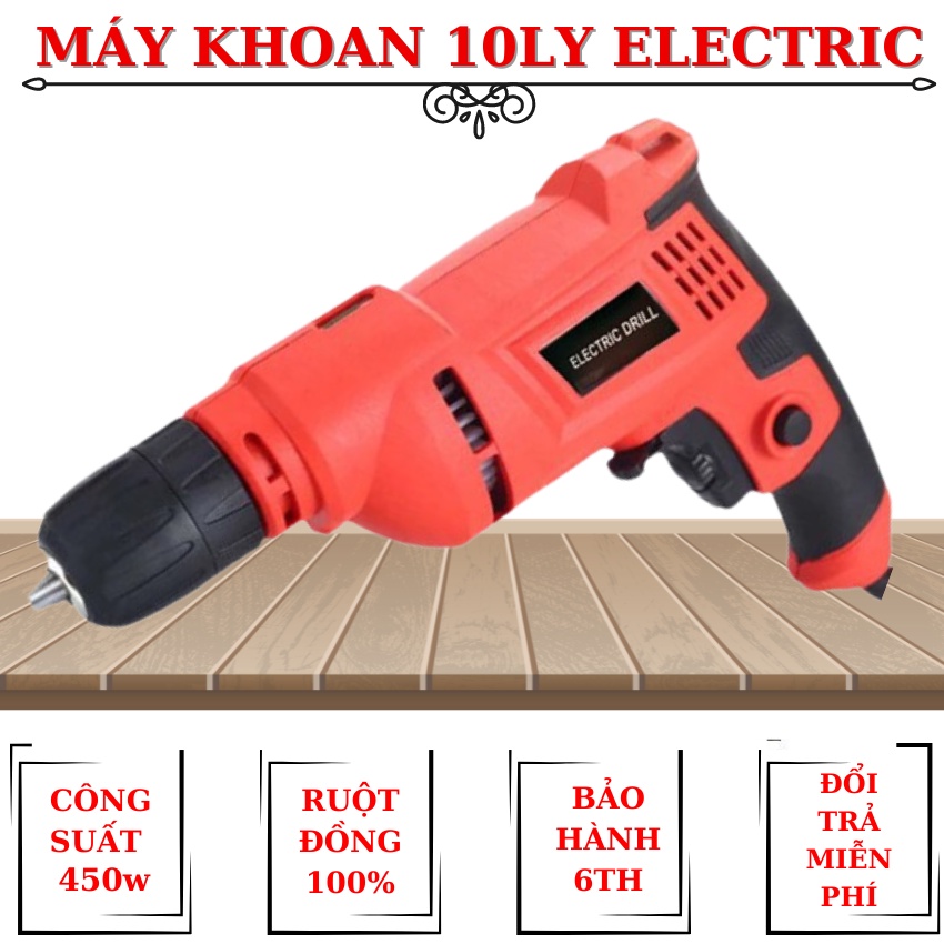 Máy Khoan Cầm Tay ELECTRIC Đỏ 10mm Ruột Đồng 100% Máy Khoan Sắt Gỗ Nhỏ Gọn Công Suất 450W Mạnh Mẽ