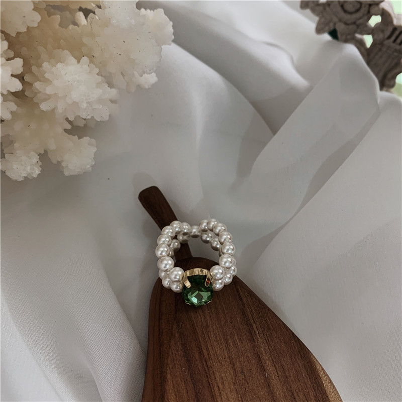 Nhẫn phối hạt ngọc trai đính đá rhinestone nhiều màu hai lớp cho nữ