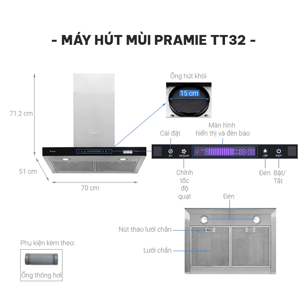 Máy hút mùi chữ T TT32-700 máy hút mùi bếp cảm ứng điều khiển không chạm, hẹn giờ tắt, chống ồn, hoạt động êm ái