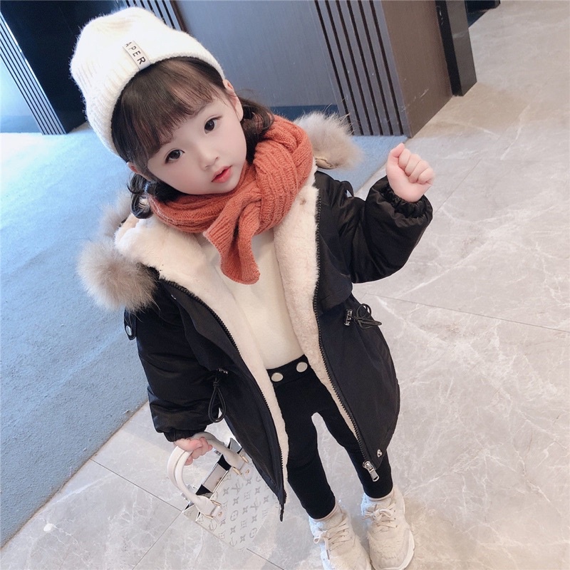 Áo khoác parka lót nỉ cho bé gái sẵn đen 130