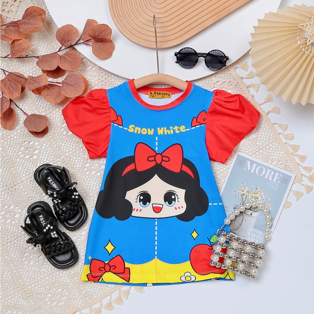 Váy đầm bé gái 3-5 tuổi tay phồng vải 3D thun lạnh in hình Snoopy, elsa Jennie kids J487