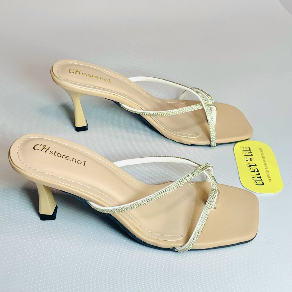 Giày sandal cao gót xỏ ngón quai mảnh đính đá 7p hot 2022 MÃ H20