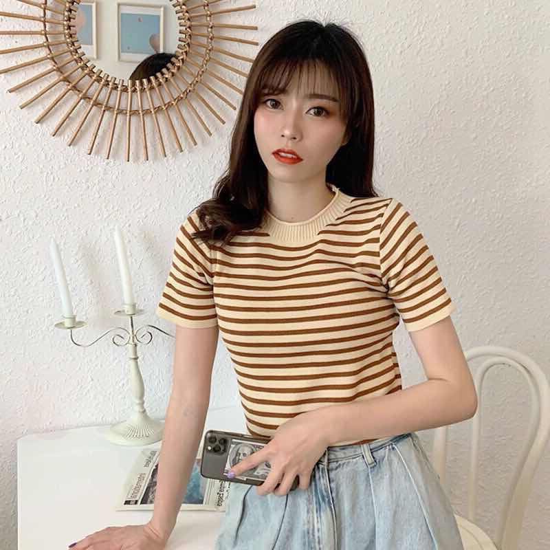 Áo Thun Nữ Ngắn Tay Cổ Tròn Kẻ Sọc Chất Dệt Kim Thời Trang Hàn Quốc