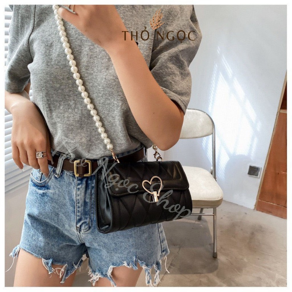 Túi Đeo Chéo Nữ ❤FreeShip❤ Túi Đeo Chéo Dây Ngọc Khóa Tim Chất Da Mềm Đẹp Size 20