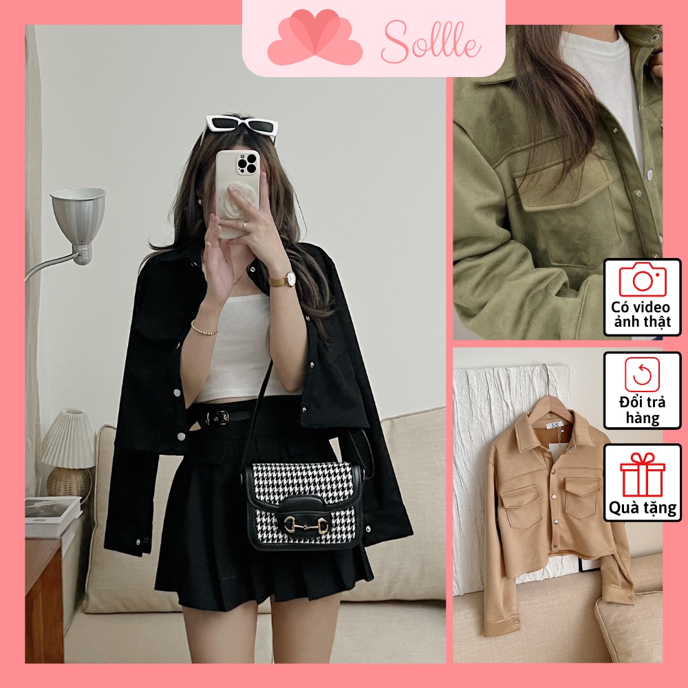 Áo khoác suede da lộn 1 lớp jacket thu đông dáng croptop cúc bấm trơn nhiều màu Sollle