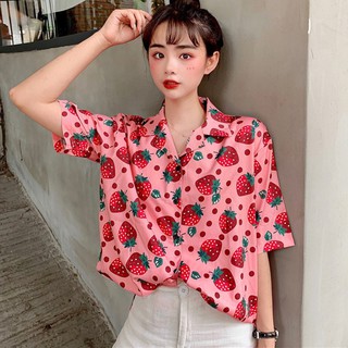 [Baywellfashion]Áo sơ mi nữ ngắn tay cổ bẻ in hình dâu tây dễ thương sơmi nữ