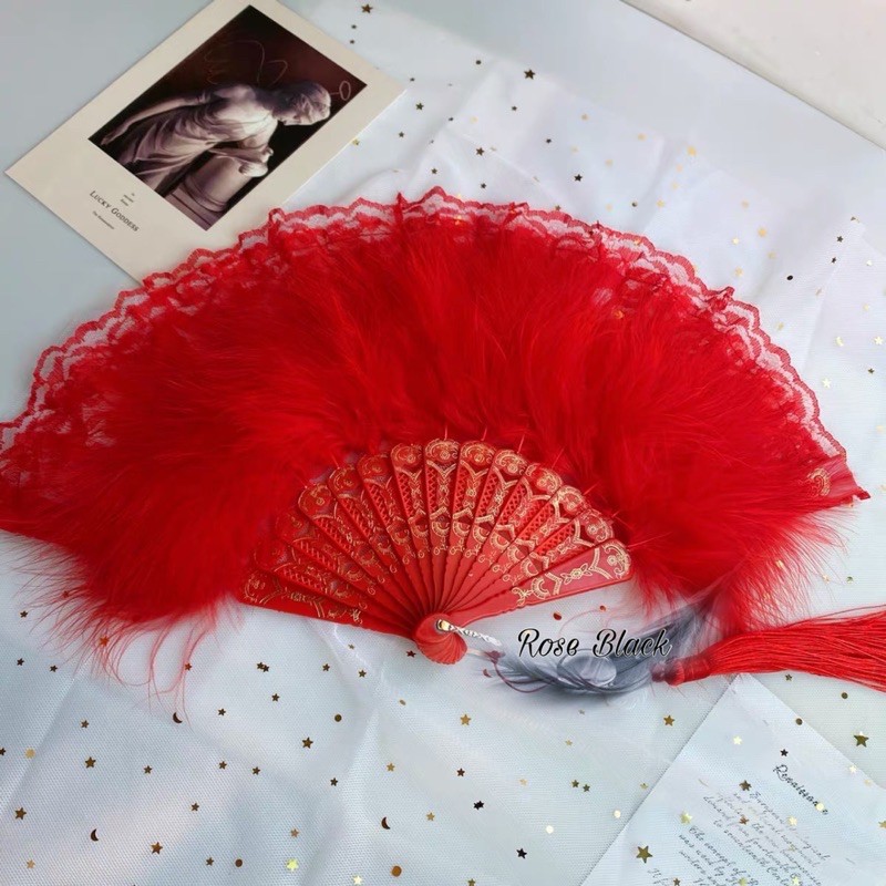 ( có đỏ, hồng) Quạt ren phối lông tua rua dài chụp ảnh nghệ thuật, cosplay lolita mã U-49