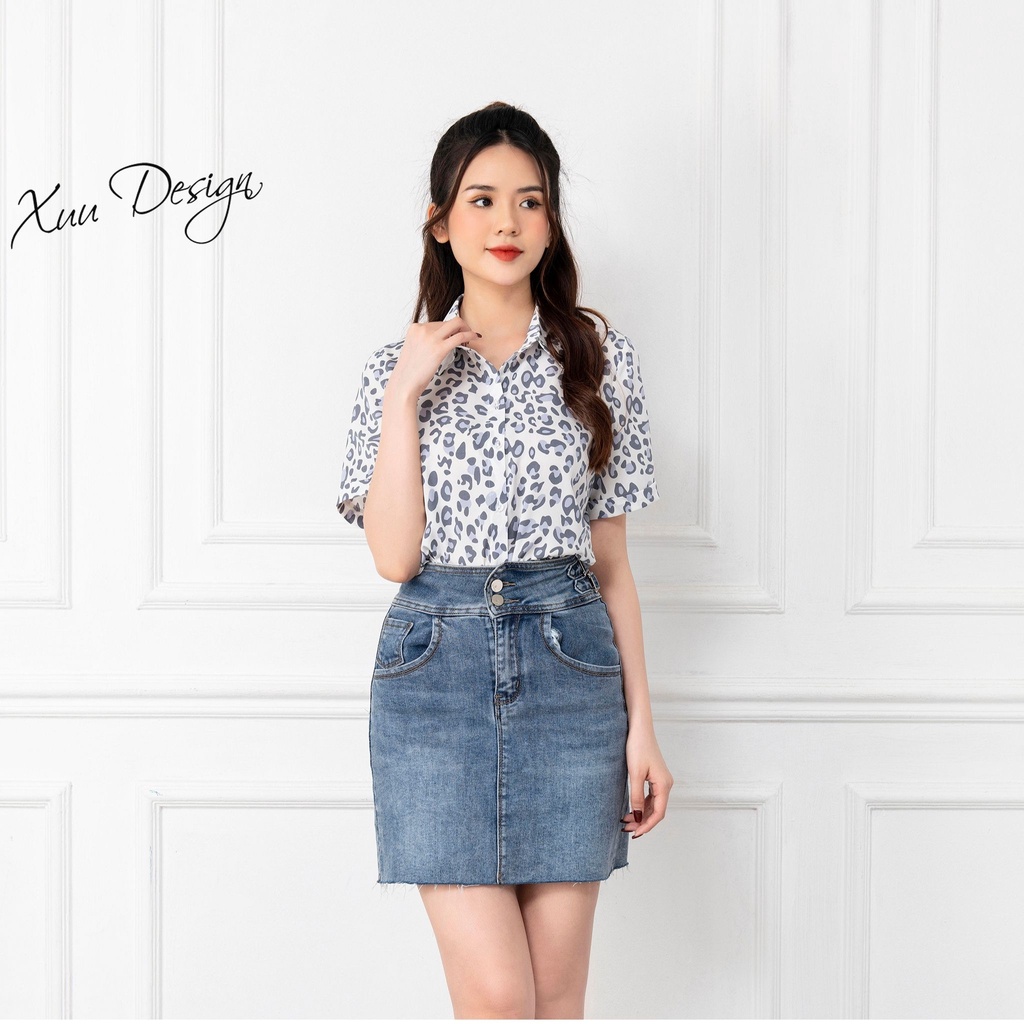 Áo sơ mi nữ họa tiết da báo XUU, kiểu dáng trẻ trung, chất liệu tơ - SK12