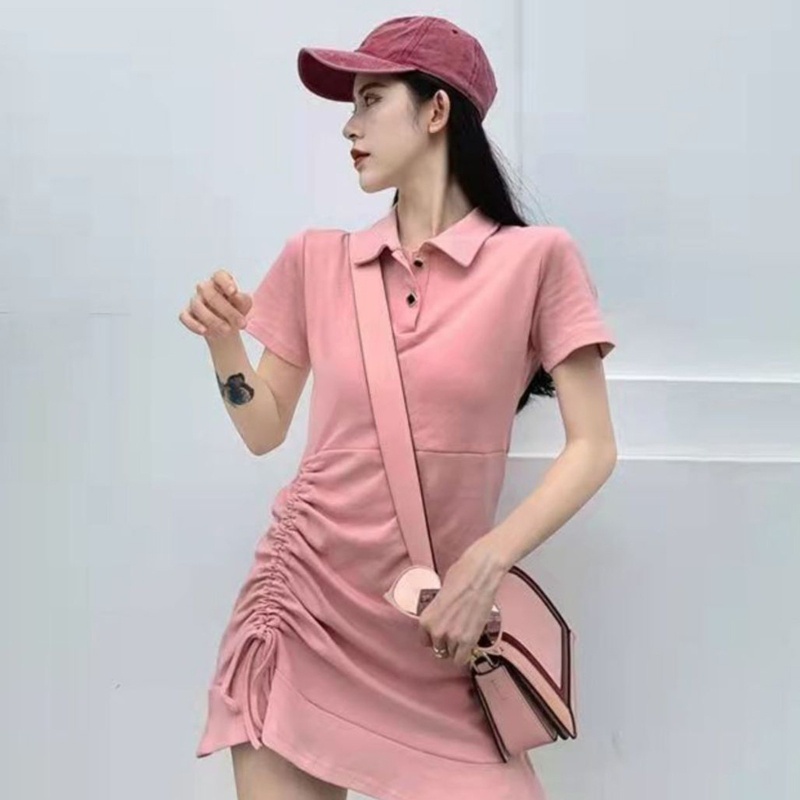 Đầm Thun Ngắn Tay Dáng Chữ A Màu Trơn Phối Bèo Và Dây Rút Thời Trang Mùa Hè Cho Nữ