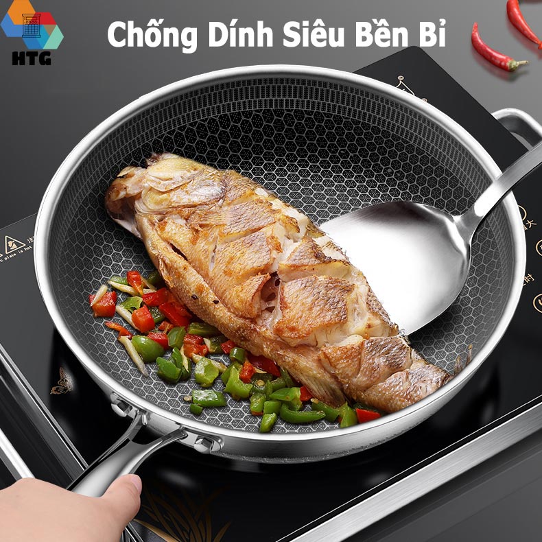 Chảo chống dính Inox SUS 316 loại lớn 30cm, bền bỉ, không kén bếp, dùng được bếp từ, vân tổ ong thấm đều dầu, có nắp đậy