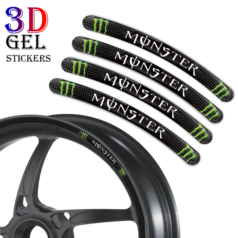 Bộ 8 Miếng Dán 3D Trang Trí Vành Bánh Xe Mô Tô Honda Yamha Monster Energy Series 12 14 16 17 18 19 20 21 Inch