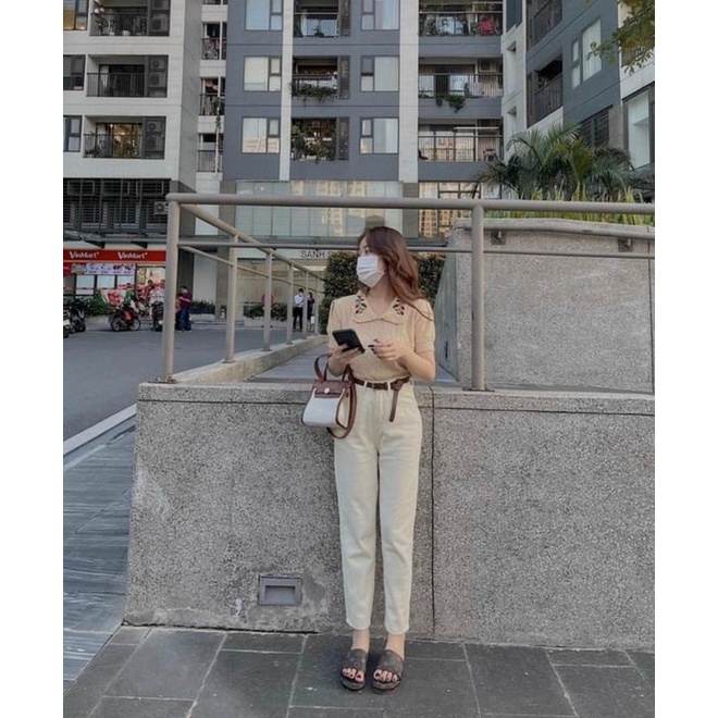 Quần jean baggy màu be cho nữ