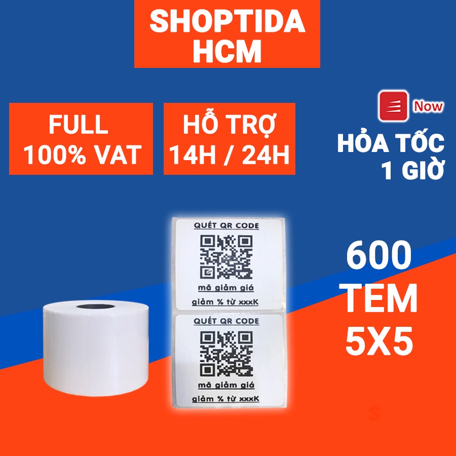 Tem in nhiệt Shoptida loại 600 tem 50*50mm in minicode, qr code, lời cảm ơn, sử dụng cho máy in nhiệt Shoptida SP46