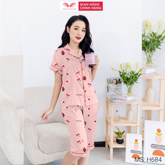 Pijama lụa đồ bộ ngủ mặc nhà cao cấp mùa hè VINGO tay ngắn quần lửng màu hồng dễ thương H684 VNGO