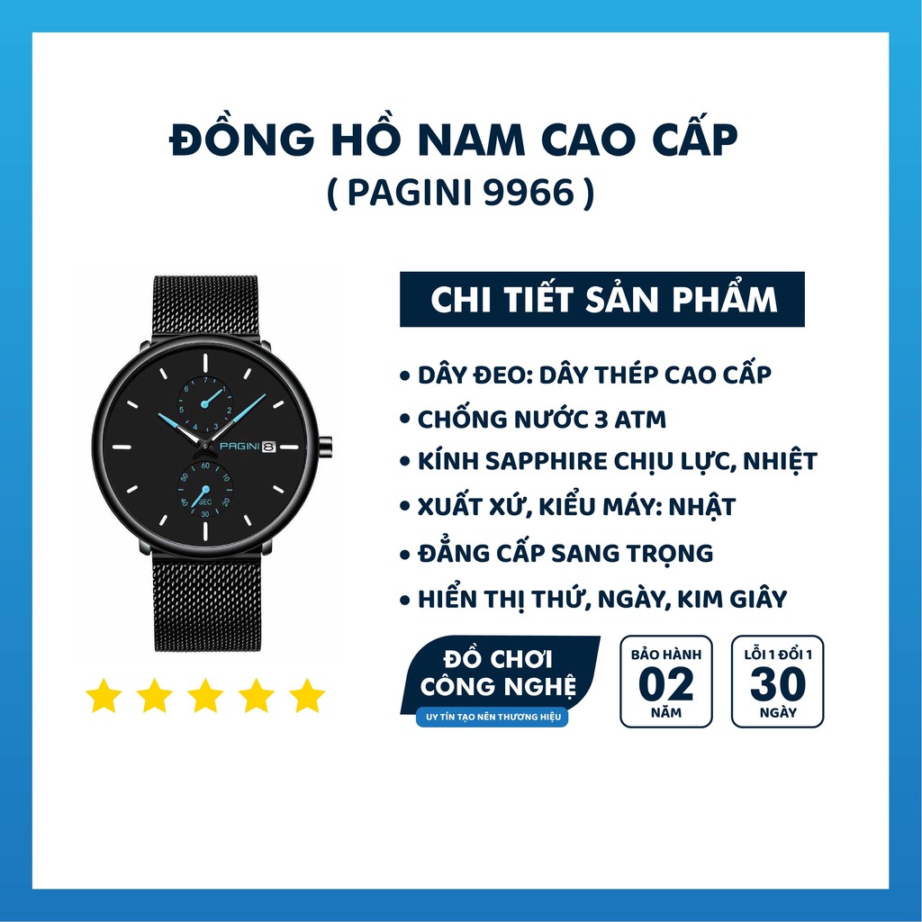 Đồng Hồ Nam PAGINI PA9966 Dây Titanium Thời Trang Cao Cấp - Kim Dạ Quang Có Lịch Ngày Chống Nước Chống Xước cao cấp