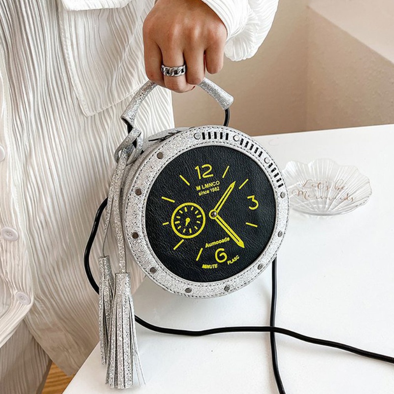 Túi Đeo Chéo Da PU Hình Đồng Hồ Tròn Phối Tua Rua Thời Trang Cho Nữ