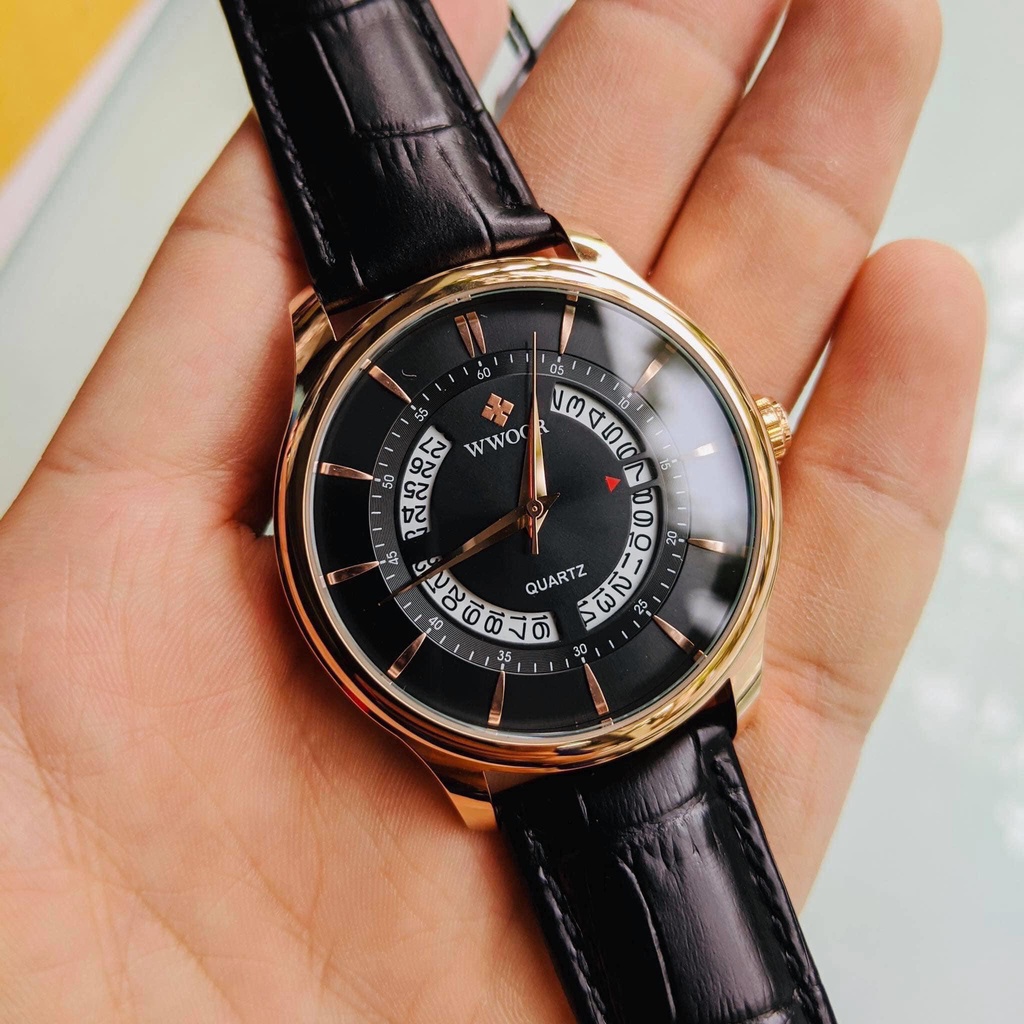 Đồng hồ nam WWOOR sang trọng, dây da chống nước DLW-DR03
