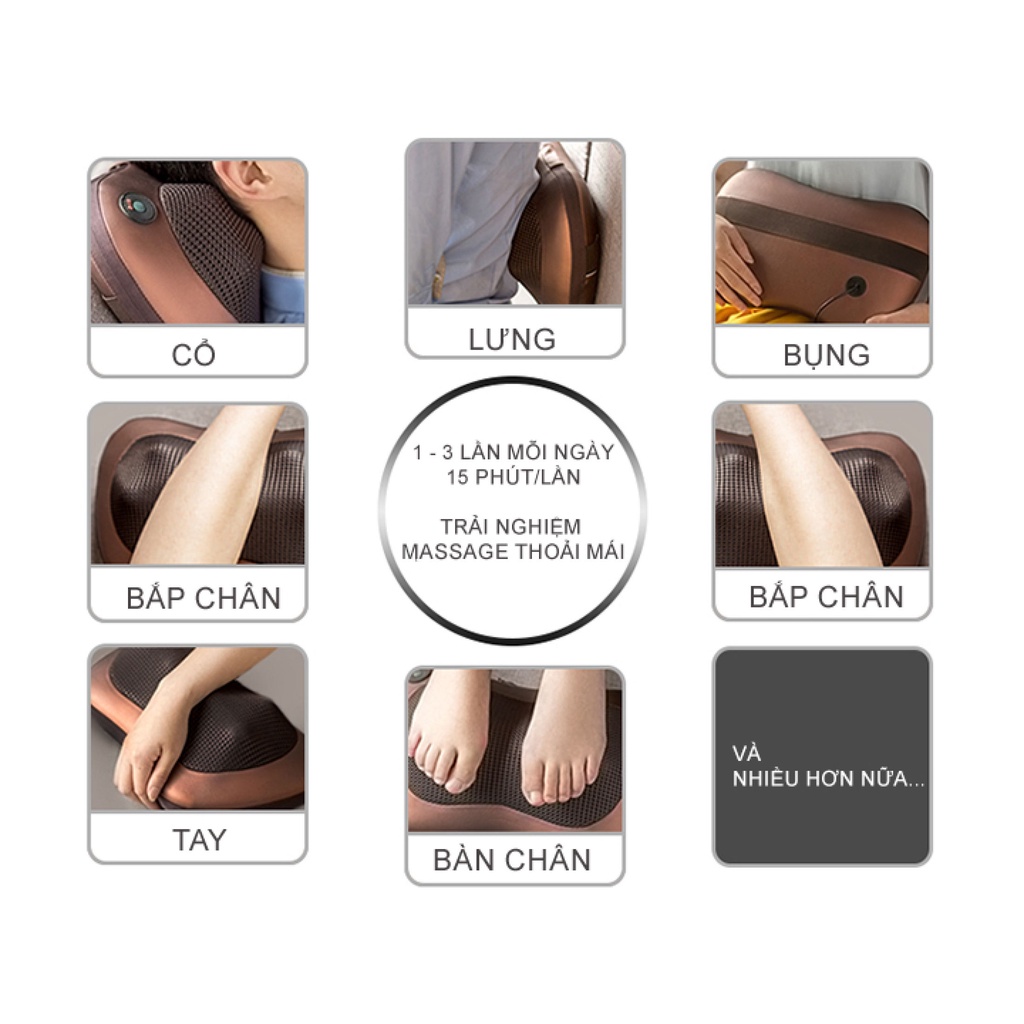Gối massage, máy massage vai gáy 8 bi hồng ngoại cao cấp thế hệ mới, dùng được cho cả trên xe ô tô. Bảo hành 2 năm
