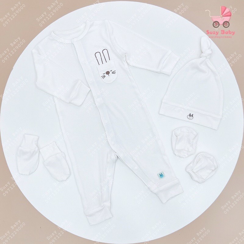Lillte Love - Body dài tay vải tăm có túi cho bé từ sơ sinh đến 6 tháng ( Size 0.3M kèm phụ kiện mũ, bao tay bao chân )