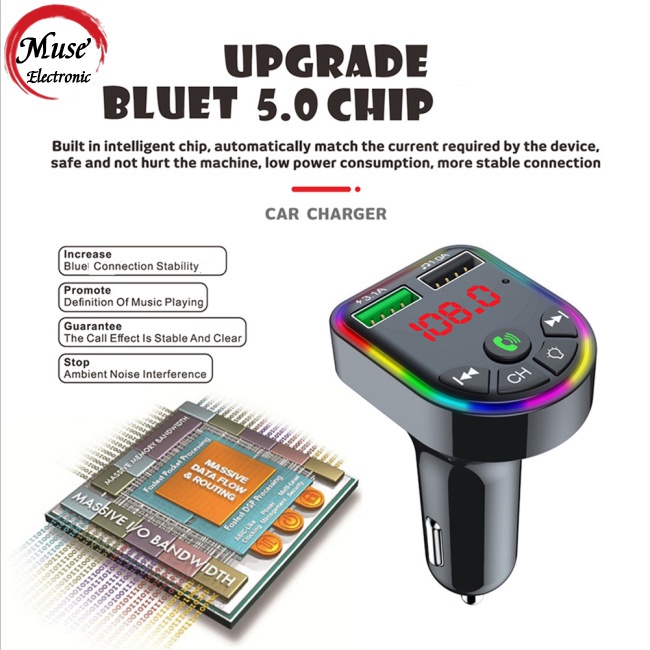 Thiết Bị Thu Phát Bluetooth 5.0 Fm Mp3 Không Dây Hai Cổng Usb Sạc Nhanh Dùng Trong Xe Hơi