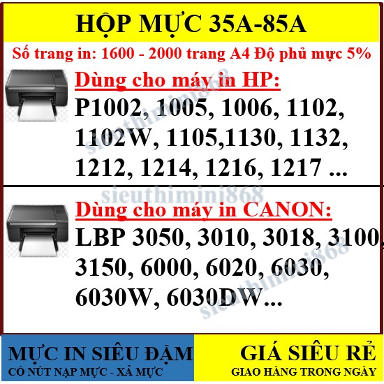 GIAO TRONG NGÀY💥Hộp mực 85A/35A dùng cho máy in Canon 6030W, 3010 - HP laserjet P1102W, P1005 Cartridge CB435A CE285A..