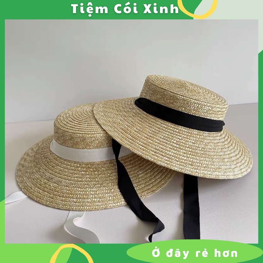Mũ Cói Nữ Đi Biển Nón Cói Vành Rộng Cụp Chóp Cạn Buộc Dây Ruy Băng Hàng Đúng Loại Cao Cấp Sợi Đẹp