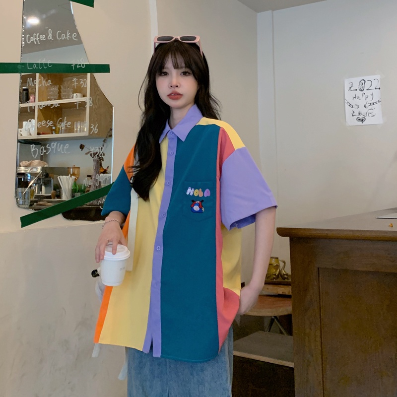 Áo Sơ Mi Tay Ngắn Màu Sắc Đối Lập Phong Cách Vintage Hàn Quốc
