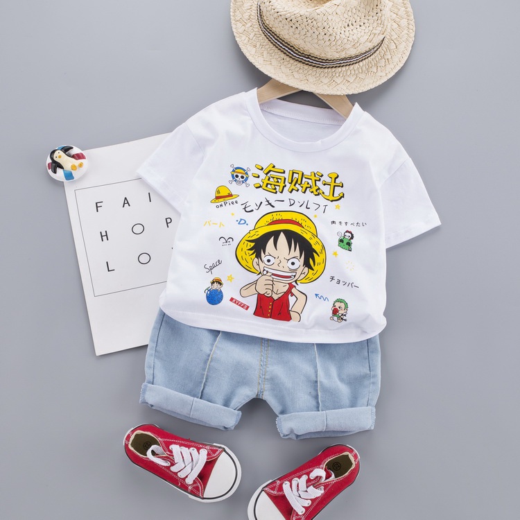 Bộ áo thun cotton in hoạt hình Luffy + mũ rơm + quần jeans cho bé trai 0-5 tuổi