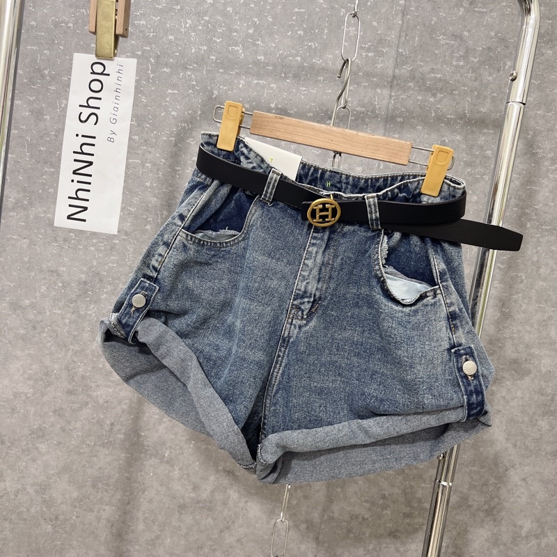 Quần short bò vấn gấu ống rộng, Quần đùi nữ cạp cao gập gấu QS2318 - NhiNhi Shop