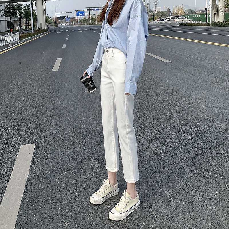 quần bò nữ new solid color Korean high-waisted loose slim straight cigarette pants