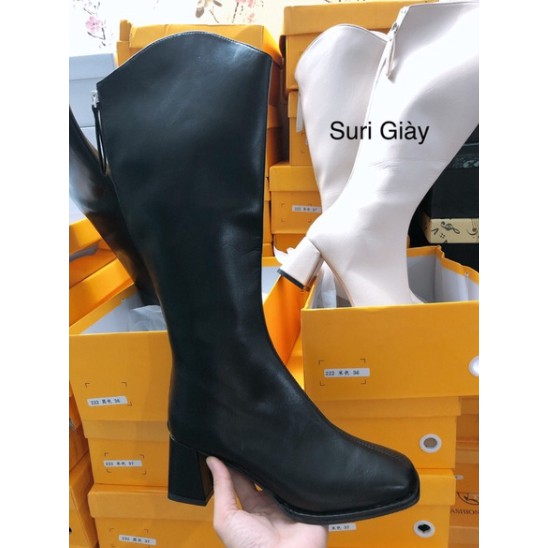 Bốt nữ đùi da lì thời trang, Bốt nữ thời trang boots cổ vát cao gót5p khóa sau phong cách công sở Hàn Quốc mùa đông 2021