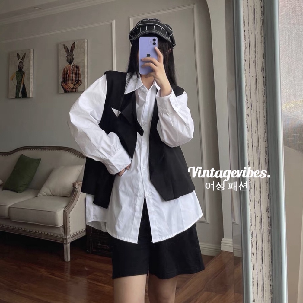 Áo sơ mi dáng rộng kèm gile cài vạt chéo Ulzzang  - Ảnh thật cận chất 1000% - Hàng mới về