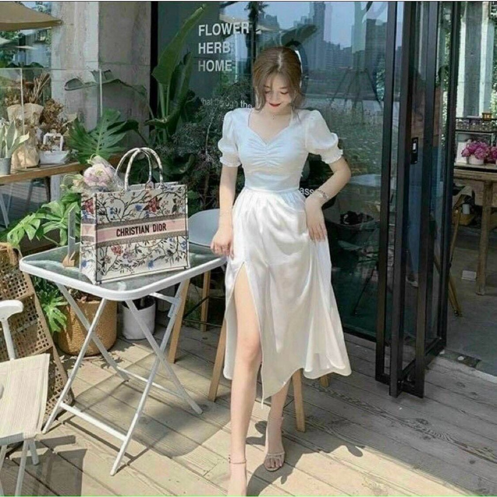 Đầm xẻ tà cổ vuông tay phồng khoét tim nổi bật  fashionzero - 85201