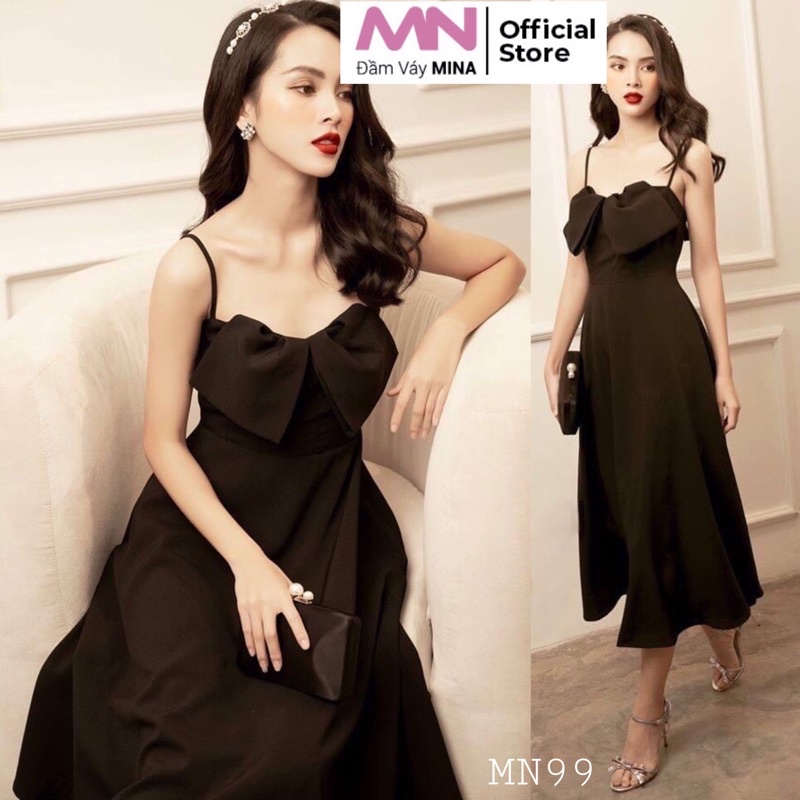 Đầm dáng xoè dự tiệc hai dây cotton nơ ngực màu đen đi chơi dạo phố dễ thương MN99 MINA