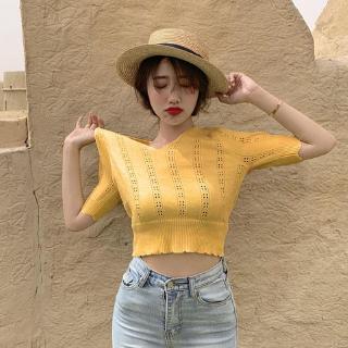 Áo dệt kim ngắn tay cổ chữ v thời trang mùa hè cho nữ