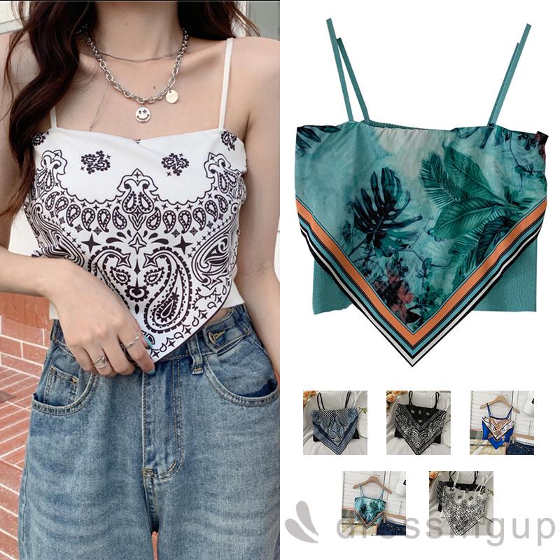 Áo lửng 2 dây mảnh dệt kim không tay viền khăn kiểu Bohemia cho nữ