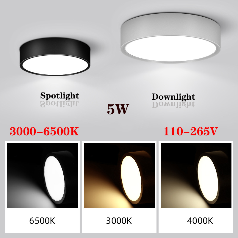 Đèn LED gắn trần 5W 3000-6500K 110-265V vỏ màu trắng/đen cho phòng khách/nhà bếp