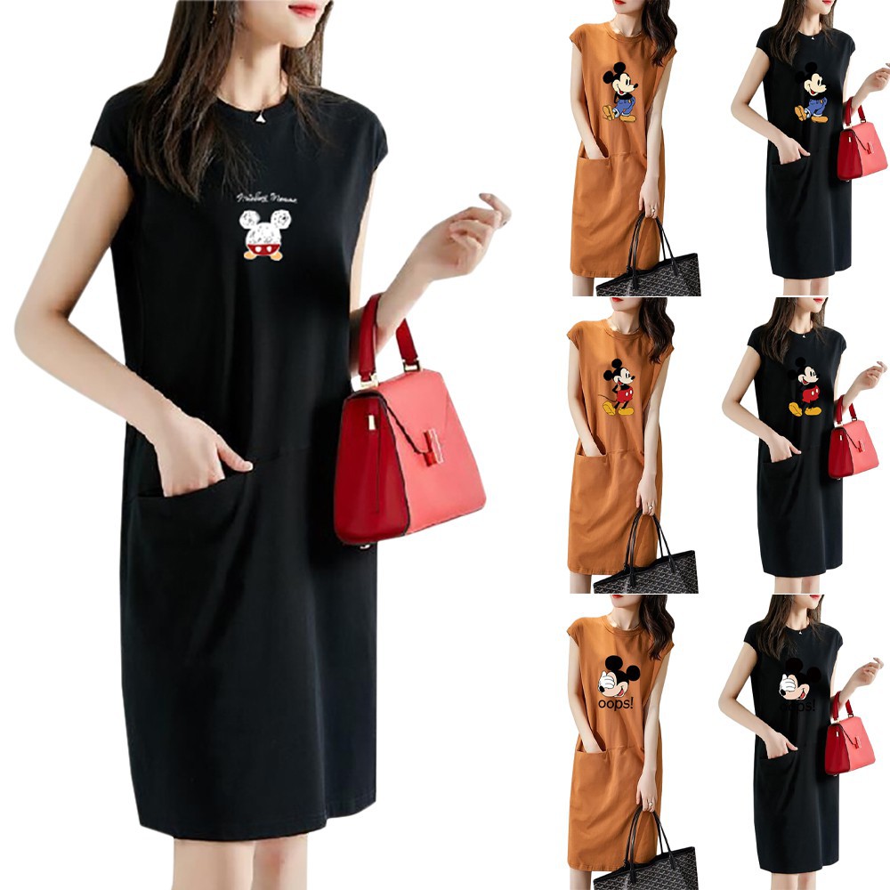 Đầm Midi Sát Nách Hoạ Tiết Chuột Mickey Đáng Yêu