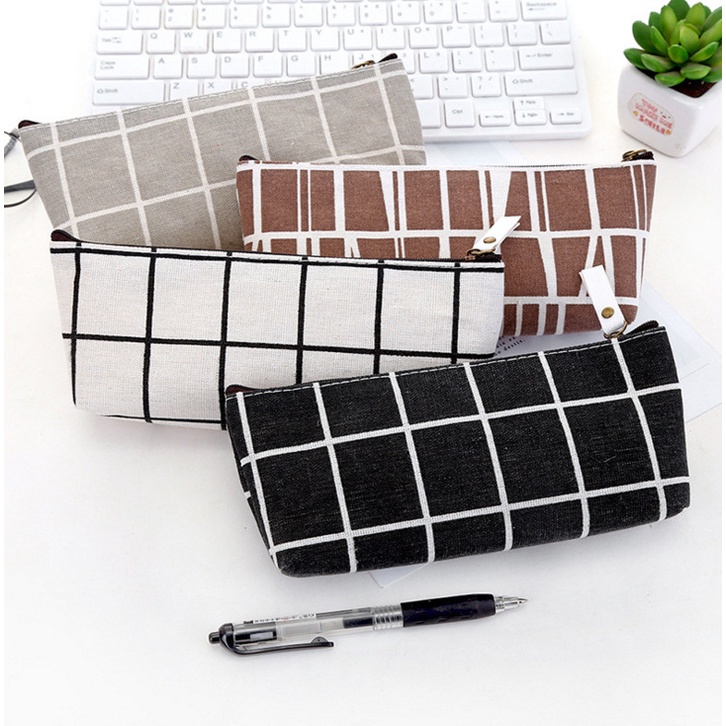 Túi đựng bút bằng vải canvas họa tiết kẻ sọc đơn giản sức chứa lớn có khóa kéo