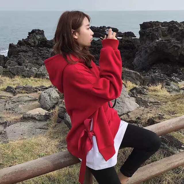 Áo hoodie nỉ form rộng tay dài dây buộc nơ sườn | BigBuy360 - bigbuy360.vn