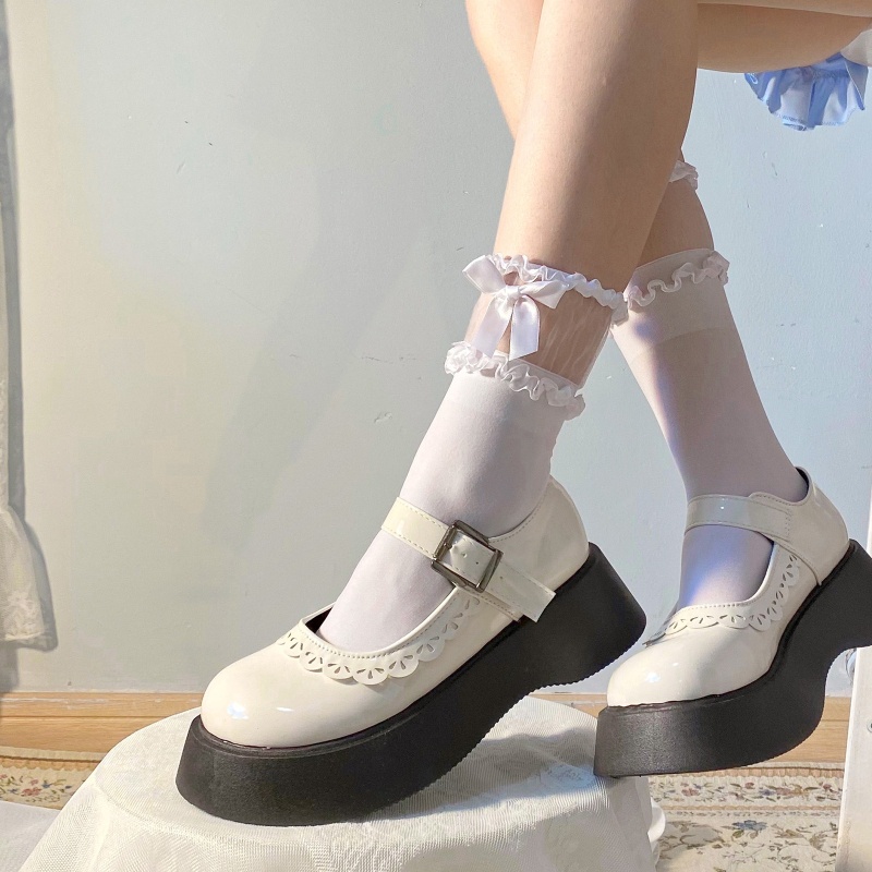 Vớ Nylon Co Giãn Cổ Ngắn Phối Ren Đính Nơ Phong Cách Lolita Dễ Thương Ngọt Ngào Cho Nữ