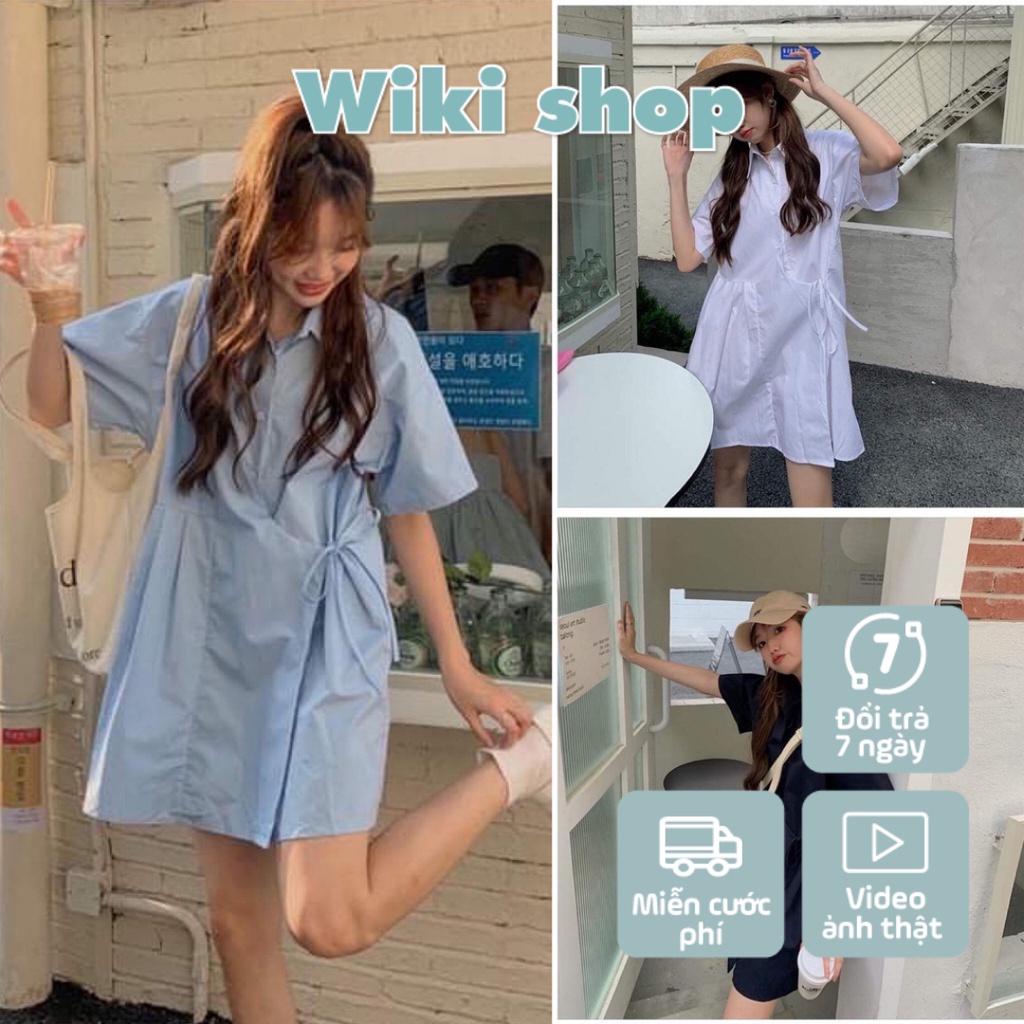 Váy sơ mi buộc eo 3 màu - Váy đầm nữ dáng sơ mi phom rộng dáng suông kiểu dập ly buộc eo phong cách hàn quốc