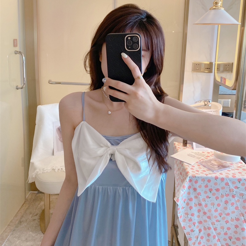 Đầm Ngủ Lụa Hai Dây Đính Nơ Thời Trang Mùa Hè Cho Nữ