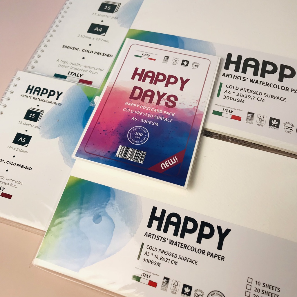 Giấy vẽ màu nước HAPPY 300GSM vân nổi các loại A6, A4, A5
