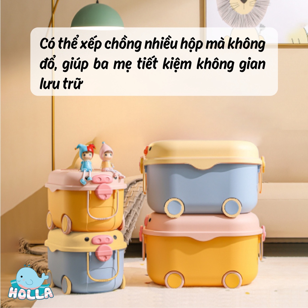 Thùng đựng đồ chơi Heo Holla 3in1 có bánh xe và tay kéo - Mặt xếp Lego cực tiện lợi | Hộp đụng đồ chơi cho bé