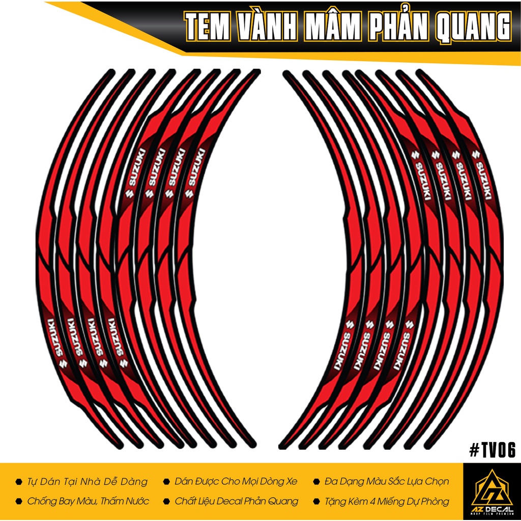 Tem Vành Dán Xe Máy Suzuki | TV06 | Tem Dán Mâm Xe Nhiều Màu Xanh, Đỏ, Vàng, Trắng Bám Dính Chắc, Bền Màu, Chống Nước