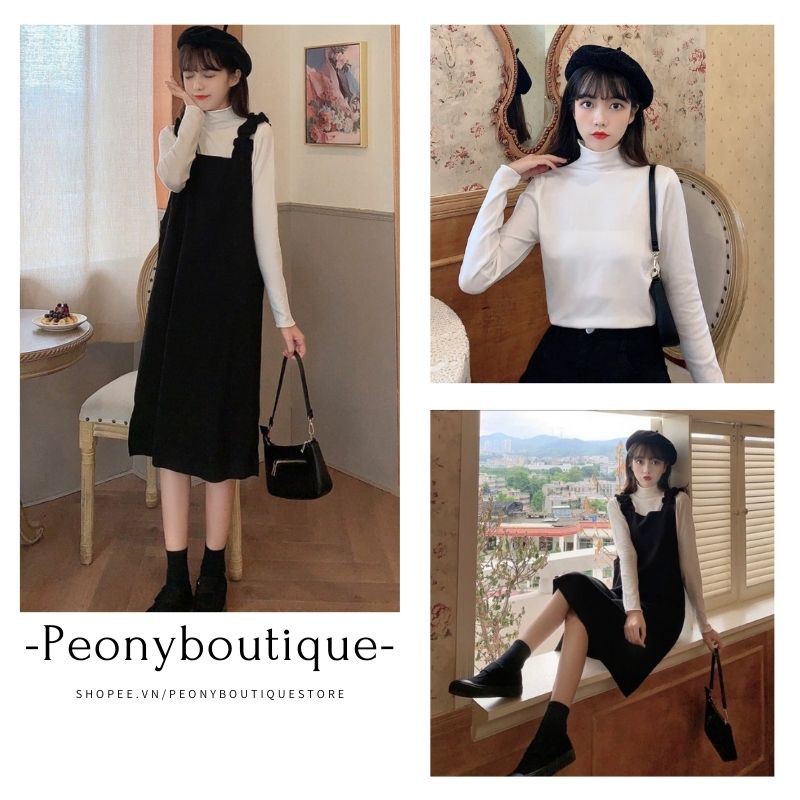 Set Yếm Nhung Và Áo Thun Body 🌺 Váy nhung nữ dáng suông kèm áo thun cổ lọ body style Korea SIÊU HOT 🌺 | BigBuy360 - bigbuy360.vn